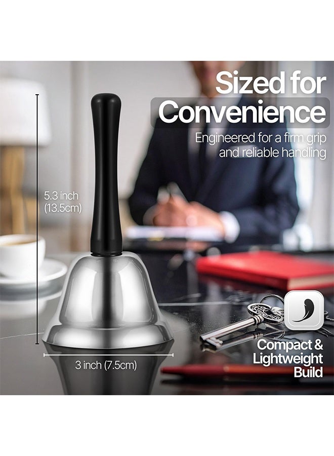 1 Pack Loud Silver Steel Hand Bell for Service with Black Handle, Dinner Bell & Desk Bell Ringer for Classroom, Hotel Front Desk, School, Elderly Care, Nurse Call, Pet Training & Food Line - Image 2