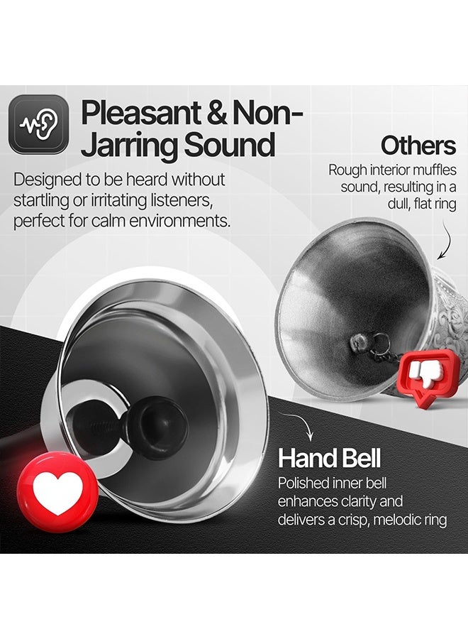 1 Pack Loud Silver Steel Hand Bell for Service with Black Handle, Dinner Bell & Desk Bell Ringer for Classroom, Hotel Front Desk, School, Elderly Care, Nurse Call, Pet Training & Food Line - Image 5