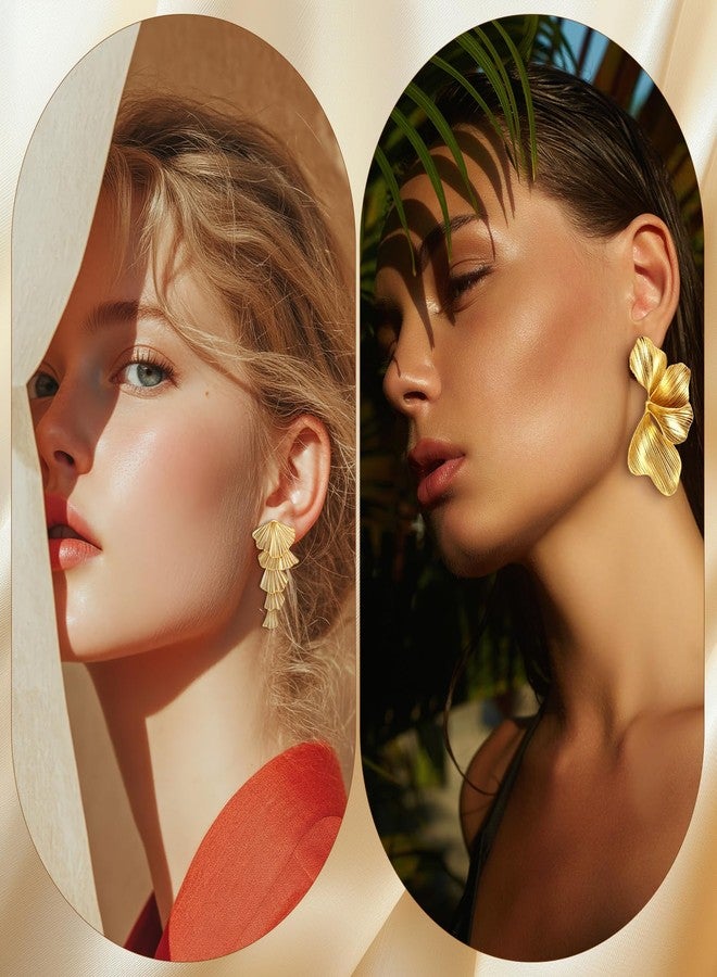 مجموعة أقراط لوتيري الذهبية المميزة للنساء، 6 أزواج، أقراط ذهبية سميكة بتصميم هندسي حلقي وعقدة زهرية متدلية، هدايا عصرية (زهرية) - Image 2