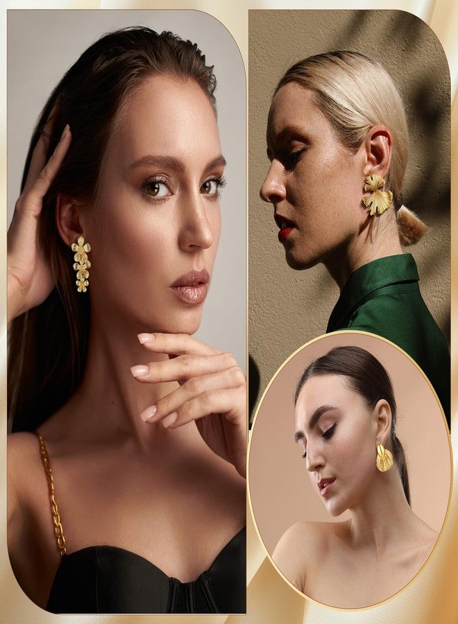 مجموعة أقراط لوتيري الذهبية المميزة للنساء، 6 أزواج، أقراط ذهبية سميكة بتصميم هندسي حلقي وعقدة زهرية متدلية، هدايا عصرية (زهرية) - Image 3