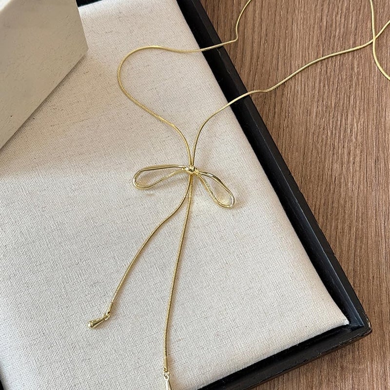 FUTIMELY Dainty Long Gold Necklace for Women,Thin Herringbone Chain Necklace,Long Lariat Necklace Body Jewelry (Bow Gold) - Image 5