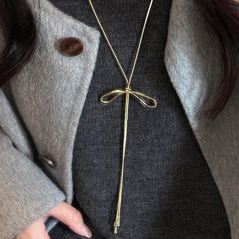 FUTIMELY Dainty Long Gold Necklace for Women,Thin Herringbone Chain Necklace,Long Lariat Necklace Body Jewelry (Bow Gold) - Image 2