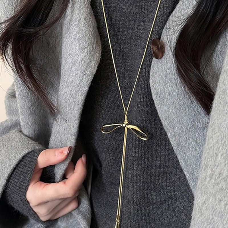 FUTIMELY Dainty Long Gold Necklace for Women,Thin Herringbone Chain Necklace,Long Lariat Necklace Body Jewelry (Bow Gold) - Image 3
