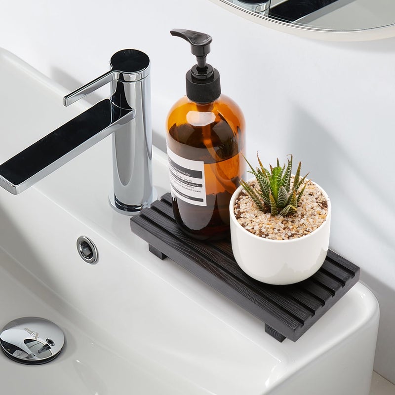 Renawe Small Black Bathroom Decor Tray for Counter Dish Soap Holder Wooden Pedestal Stand for Kitchen Sink Soap Dispenser Wood Risers Kitchen Accessories Countertop Vanity Counter Sponge Sink Tray - Image 3