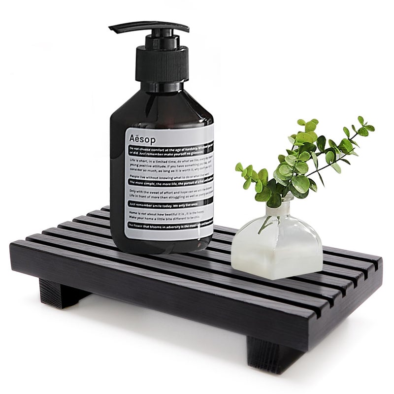 Renawe Small Black Bathroom Decor Tray for Counter Dish Soap Holder Wooden Pedestal Stand for Kitchen Sink Soap Dispenser Wood Risers Kitchen Accessories Countertop Vanity Counter Sponge Sink Tray - Image 1