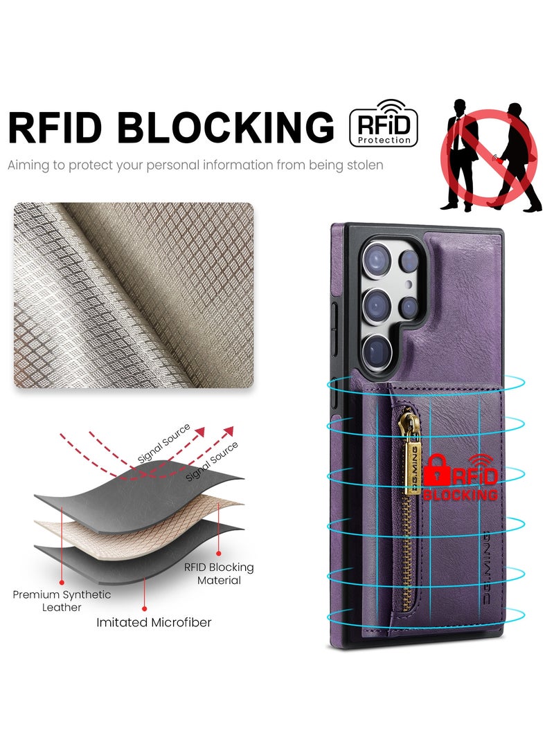 DGMING CaseMe Wallet Case for Samsung Galaxy S23 Ultra DGMING Premium Leather Phone Case Back Cover Magnetic Detachable with Trifold Wallet Card Holder Pocket - Purple - Image 5