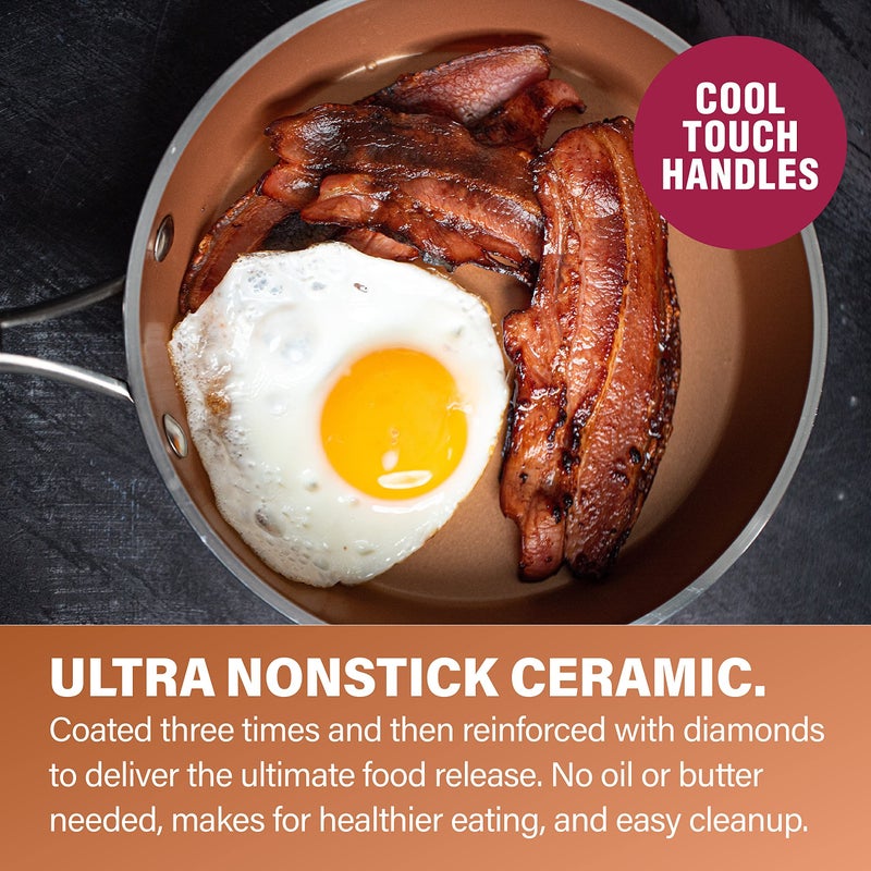 Gotham Steel 10 Inch Hammered Non Stick Frying Pans, Nonstick Frying Pan with Lid, Nonstick Pan, Ceramic Frying Pans Nonstick Skillet, Ceramic Pan, Non Stick Pan, Copper Pan, Dishwasher / Oven Safe - Image 3