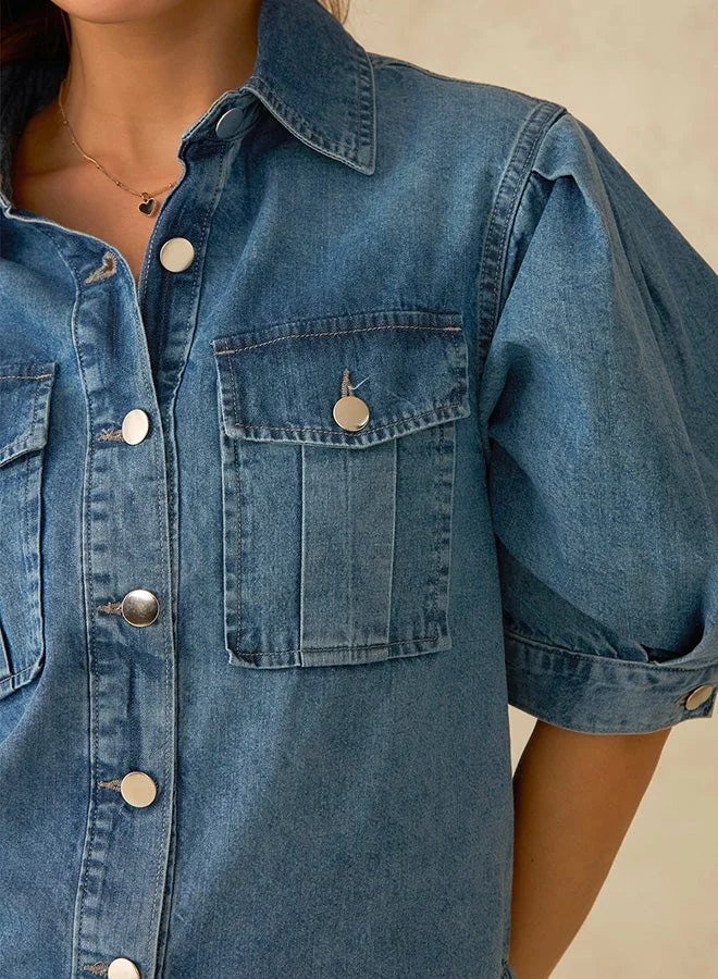 Virgio Light Blue Solid Cotton Pleated Sleeve Denim Shirt for Women for Women | Best Price UAE