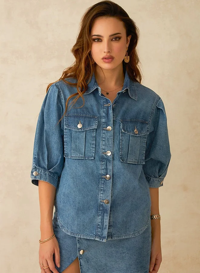 Virgio Solid Cotton Pleated Sleeve Denim Shirt for Women