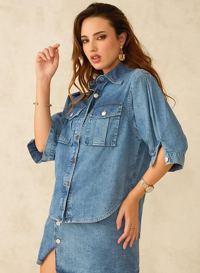 Virgio Solid Cotton Pleated Sleeve Denim Shirt for Women