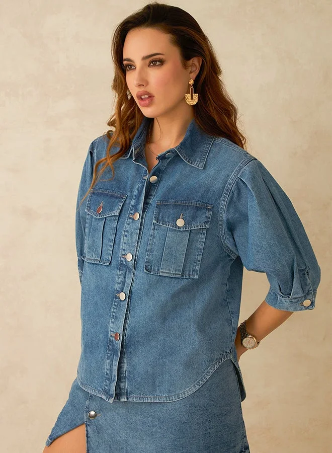 Virgio Light Blue Solid Cotton Pleated Sleeve Denim Shirt for Women for Women | Best Price UAE