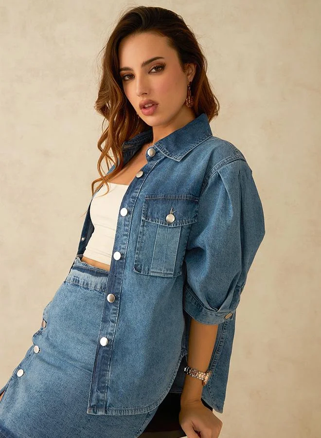Virgio Light Blue Solid Cotton Pleated Sleeve Denim Shirt for Women for Women | Best Price UAE