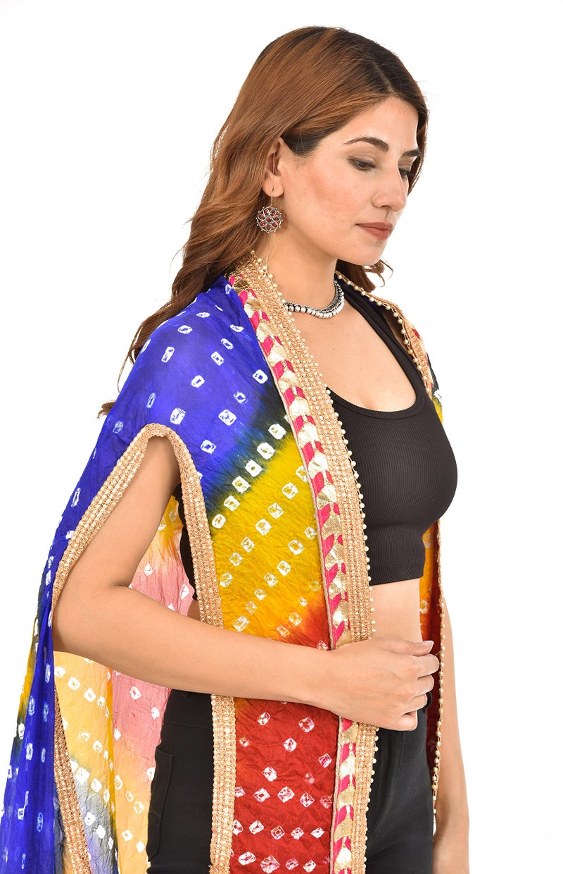 PK HUB Women's Jaipuri Bandhani Silk Dupatta Shrug – Rajasthani Bandhej Style with Gota Patti Work & Latkan (Red, Yellow & Blue, Free Size) - Image 2