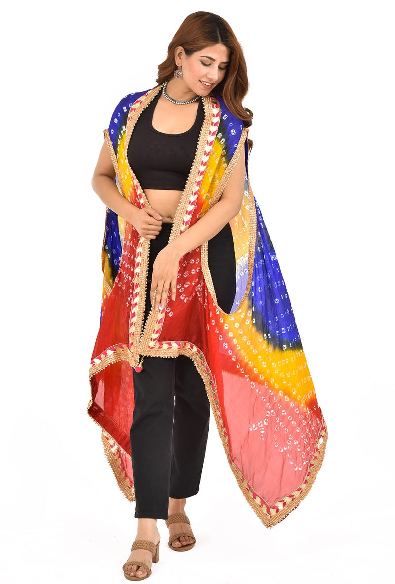 PK HUB Women's Jaipuri Bandhani Silk Dupatta Shrug – Rajasthani Bandhej Style with Gota Patti Work & Latkan (Red, Yellow & Blue, Free Size) - Image 3
