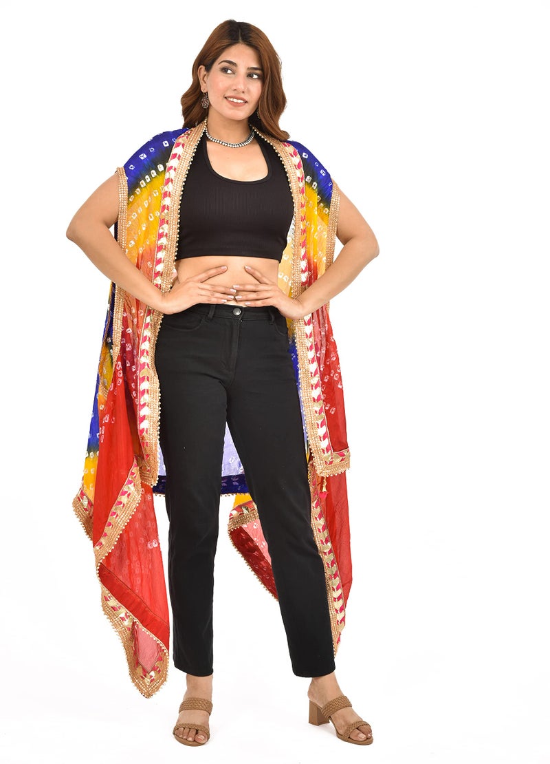 PK HUB Women's Jaipuri Bandhani Silk Dupatta Shrug – Rajasthani Bandhej Style with Gota Patti Work & Latkan (Red, Yellow & Blue, Free Size) - Image 4