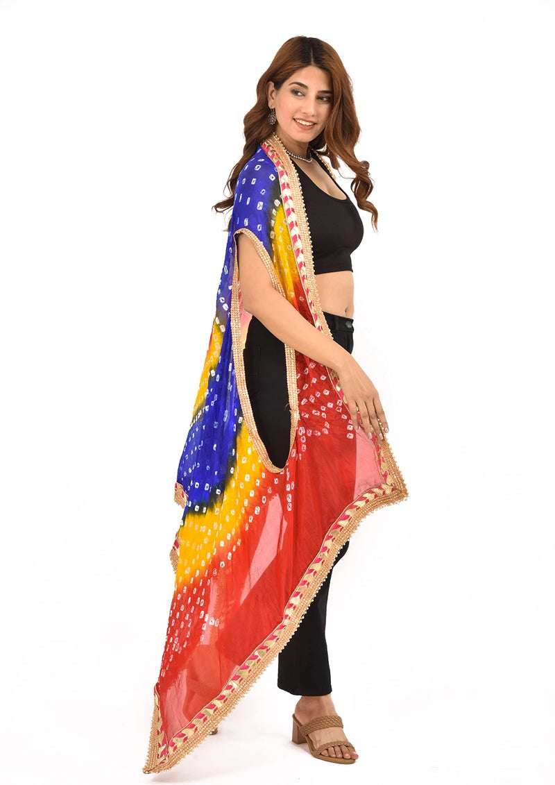 PK HUB Women's Jaipuri Bandhani Silk Dupatta Shrug – Rajasthani Bandhej Style with Gota Patti Work & Latkan (Red, Yellow & Blue, Free Size) - Image 5