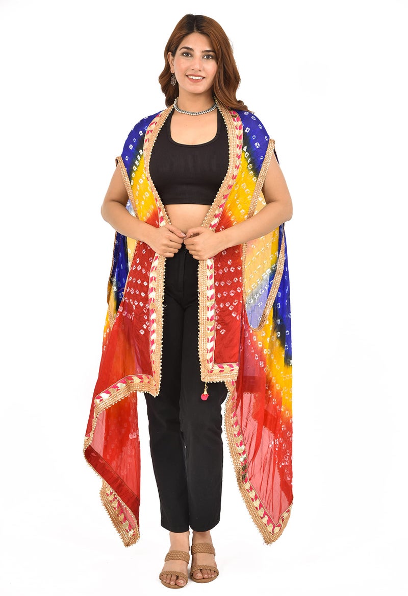PK HUB Women's Jaipuri Bandhani Silk Dupatta Shrug – Rajasthani Bandhej Style with Gota Patti Work & Latkan (Red, Yellow & Blue, Free Size) - Image 1