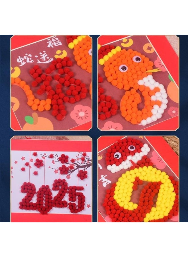 Year's Year Of The Snake Handmade DIY Kindergarten Creative Production Fur Ball Sticker Material Bag Children's Year's Day Gift-Colour:Hair Ball Pasted Photo Frame Material Package—dragon Boat Racing  - Image 5