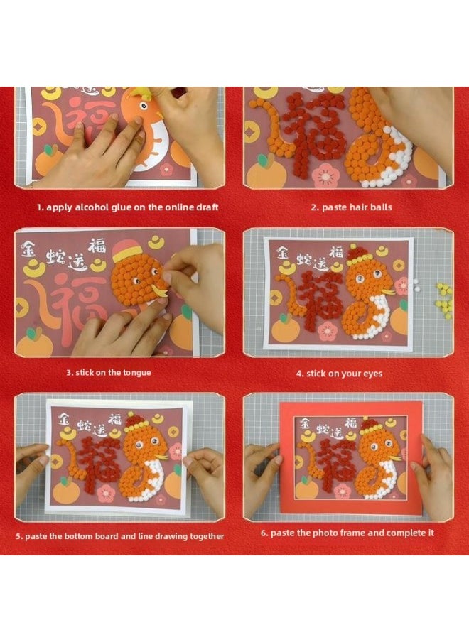 Year's Year Of The Snake Handmade DIY Kindergarten Creative Production Fur Ball Sticker Material Bag Children's Year's Day Gift-Colour:Hair Ball Pasted Photo Frame Material Package—dragon Boat Racing  - Image 4