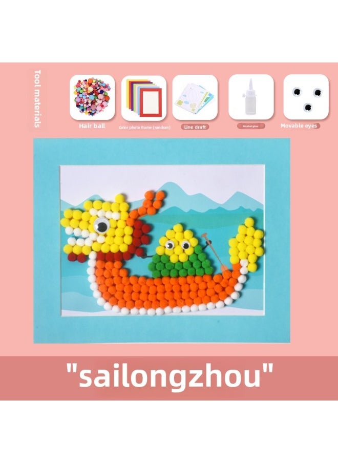 Year's Year Of The Snake Handmade DIY Kindergarten Creative Production Fur Ball Sticker Material Bag Children's Year's Day Gift-Colour:Hair Ball Pasted Photo Frame Material Package—dragon Boat Racing  - Image 1