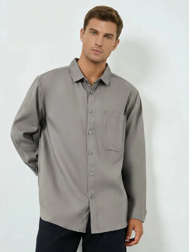 ستايلي Styli Men Grey Solid Relaxed Fit Shirt