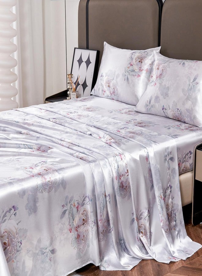 YIYEA Satin Sheets - Floral Print - Luxurious Silky Feel King Size Sheets- Elegant Smooth Satin Bed Sheets Set - 16" Deep Pocket, Ultra Soft, Hypoallergenic, and Fade Resistant - 4 PC - Image 1
