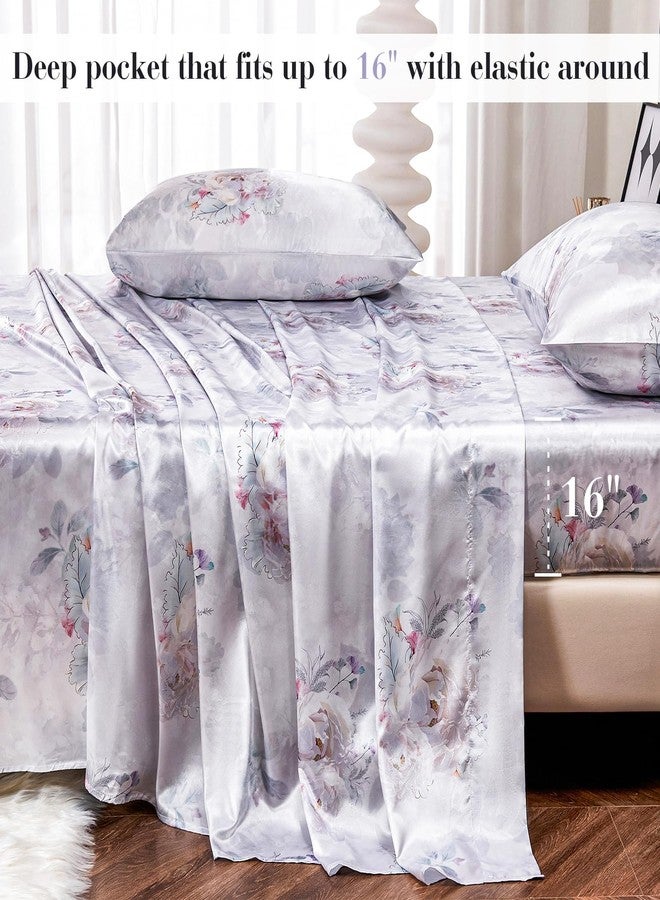 YIYEA Satin Sheets - Floral Print - Luxurious Silky Feel King Size Sheets- Elegant Smooth Satin Bed Sheets Set - 16" Deep Pocket, Ultra Soft, Hypoallergenic, and Fade Resistant - 4 PC - Image 4