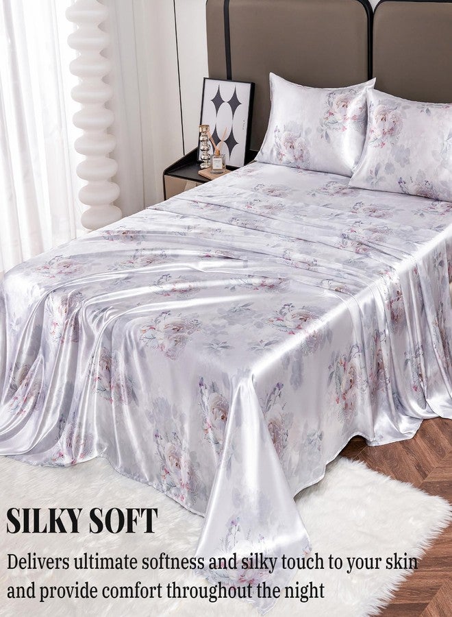 YIYEA Satin Sheets - Floral Print - Luxurious Silky Feel King Size Sheets- Elegant Smooth Satin Bed Sheets Set - 16" Deep Pocket, Ultra Soft, Hypoallergenic, and Fade Resistant - 4 PC - Image 3