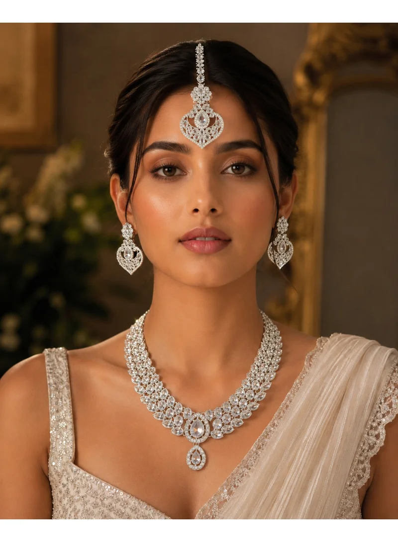 Lehar Silver-Tone Bridal Necklace Set with Maang Tikka - White Stone Wedding Jewelry
