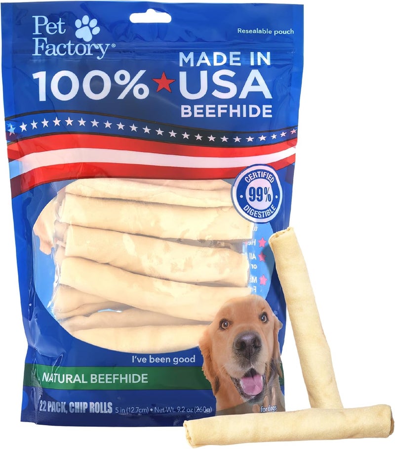 Pet Factory 100% Made in USA Beefhide Chip Rolls Dog Chews, Natural Flavor, Treats for Small & Medium Dogs - 5", 22 Count/1 Pack - Image 1