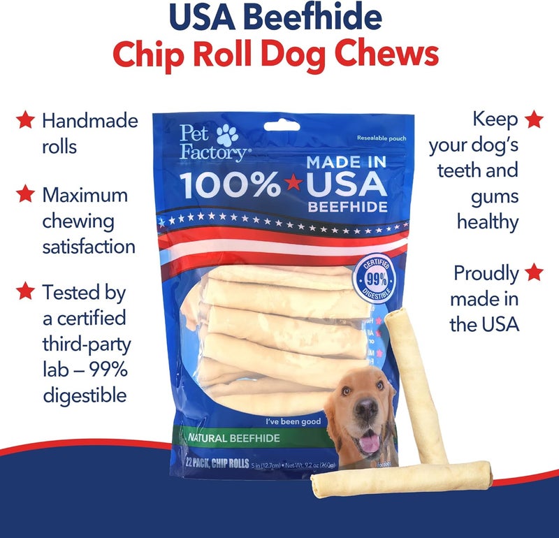 Pet Factory 100% Made in USA Beefhide Chip Rolls Dog Chews, Natural Flavor, Treats for Small & Medium Dogs - 5", 22 Count/1 Pack - Image 3