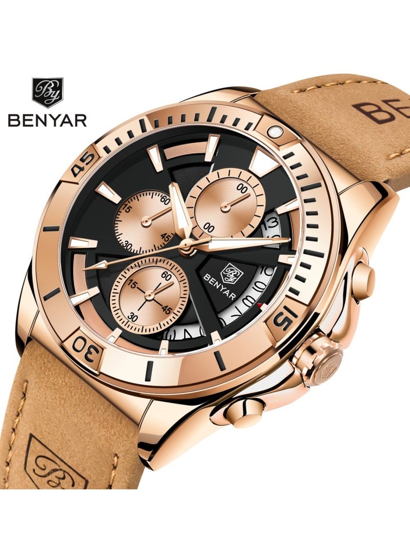 BENYAR Mens Watch Waterproof Chronograph Date Watch for Men Leather Strap Quartz Movement Analog Watch Business Casual Gift for Men - Image 1