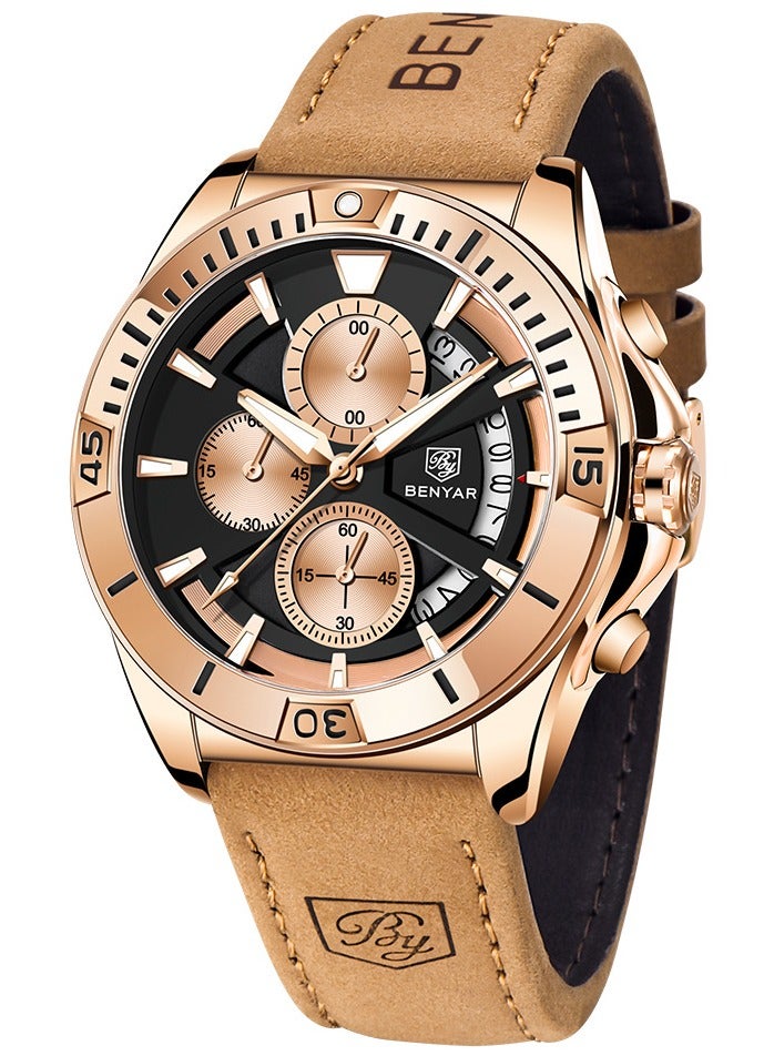 BENYAR Mens Watch Waterproof Chronograph Date Watch for Men Leather Strap Quartz Movement Analog Watch Business Casual Gift for Men - Image 2