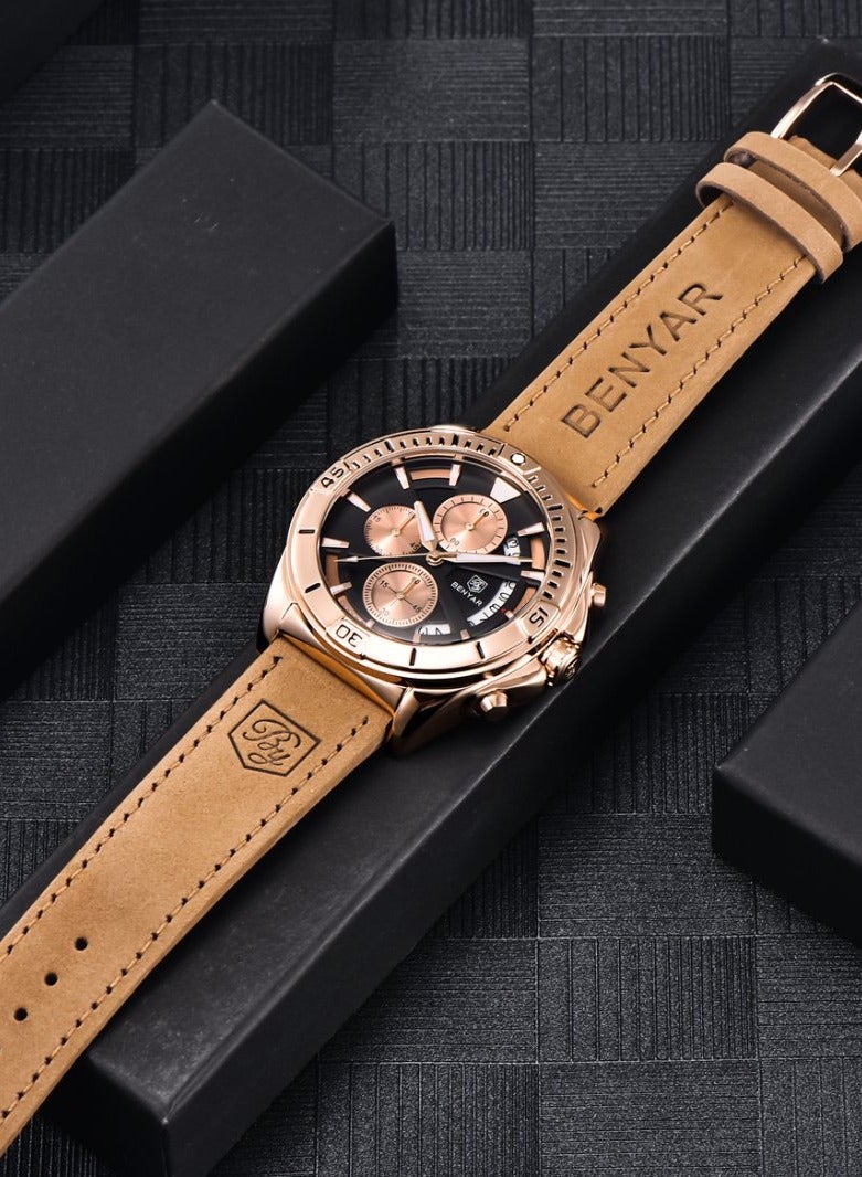 BENYAR Mens Watch Waterproof Chronograph Date Watch for Men Leather Strap Quartz Movement Analog Watch Business Casual Gift for Men - Image 4