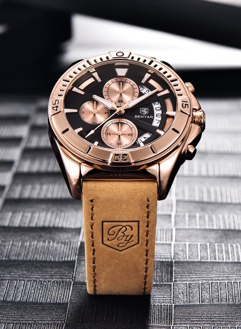 BENYAR Mens Watch Waterproof Chronograph Date Watch for Men Leather Strap Quartz Movement Analog Watch Business Casual Gift for Men - Image 5
