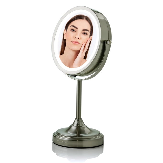 7 LIGHTED MAKEUP MIRROR WITH 1X7X MAGNIFICATION CORDLESS TABLETOP MOUNT VANITY MIRROR WITH 360 SWIVEL DESIGN DOUBLE SIDED GLOW COSMETIC WHITE LED RING LIGHT NICKEL BRUSHED MCT70BR1X7X