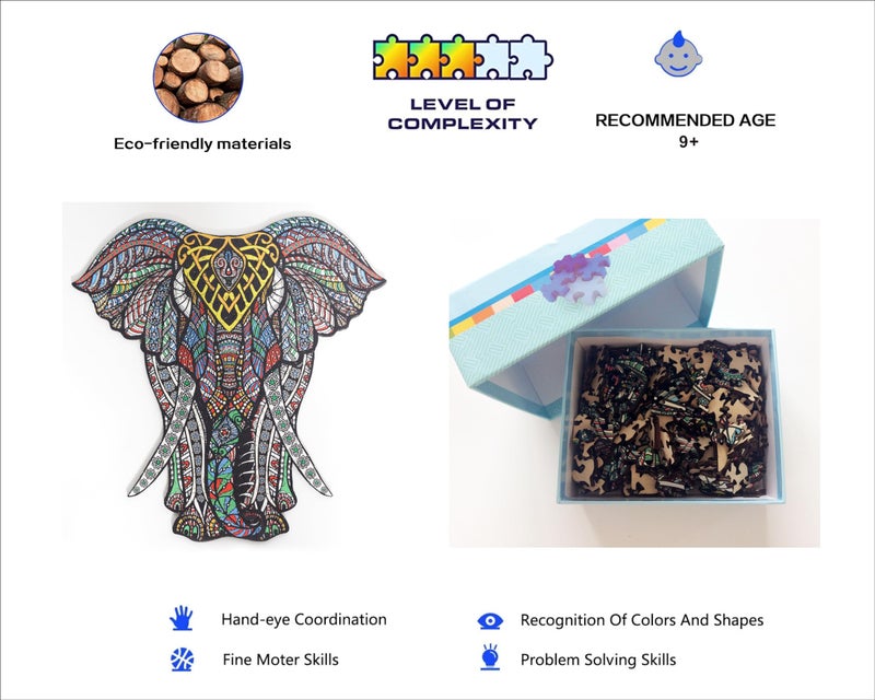 HARTMAZE Wooden Jigsaw Puzzles Decorative Elephant HM-06 Small Size Puzzle 171 Unique Shape Jigsaw Pieces-Beautiful Animal for Adults and 9 Years Age up Teens- Best for Family Game Play Collection. - Image 5
