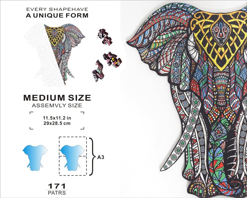 HARTMAZE Wooden Jigsaw Puzzles Decorative Elephant HM-06 Small Size Puzzle 171 Unique Shape Jigsaw Pieces-Beautiful Animal for Adults and 9 Years Age up Teens- Best for Family Game Play Collection. - Image 3