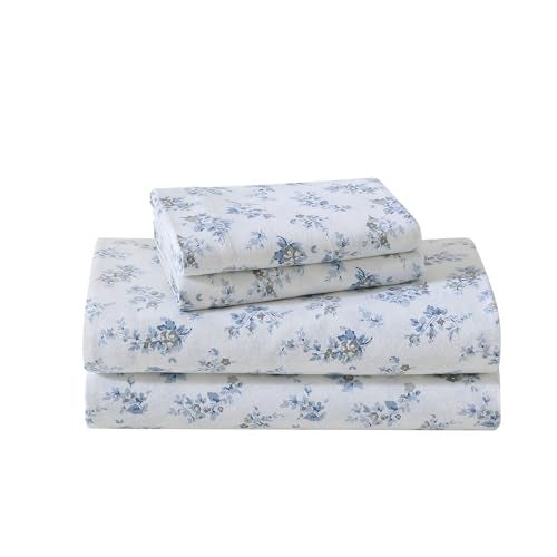 Laura Ashley Twin Bed Sheets Cotton Flannel Bedding with Matching Pillowcase Brushed for Extra Softness OekoTex Certified Dorm Essentials Audrey Blue - Image 1