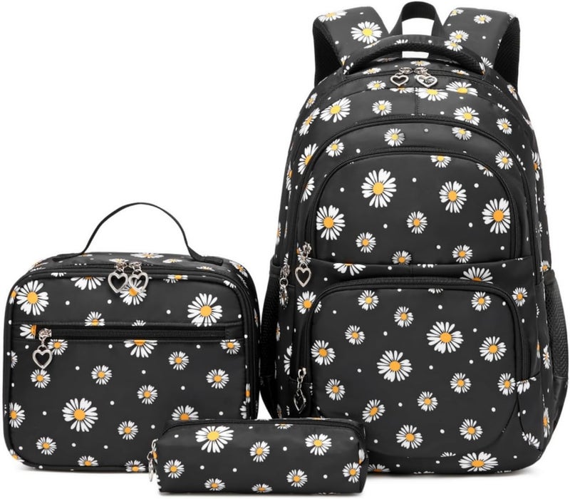 Armbq 3Pcs Daisy Printed Kids Backpack Set with Lunch Bag and Pencil Case - Black - Image 1