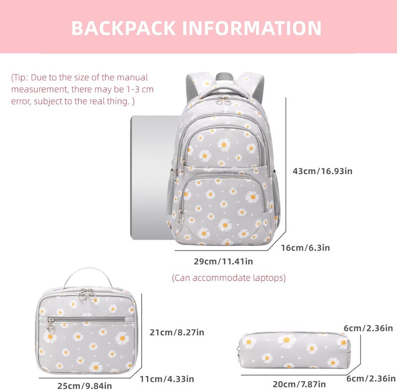 Armbq 3Pcs Daisy Printed Kids Backpack Set with Lunch Bag and Pencil Case - Black - Image 3