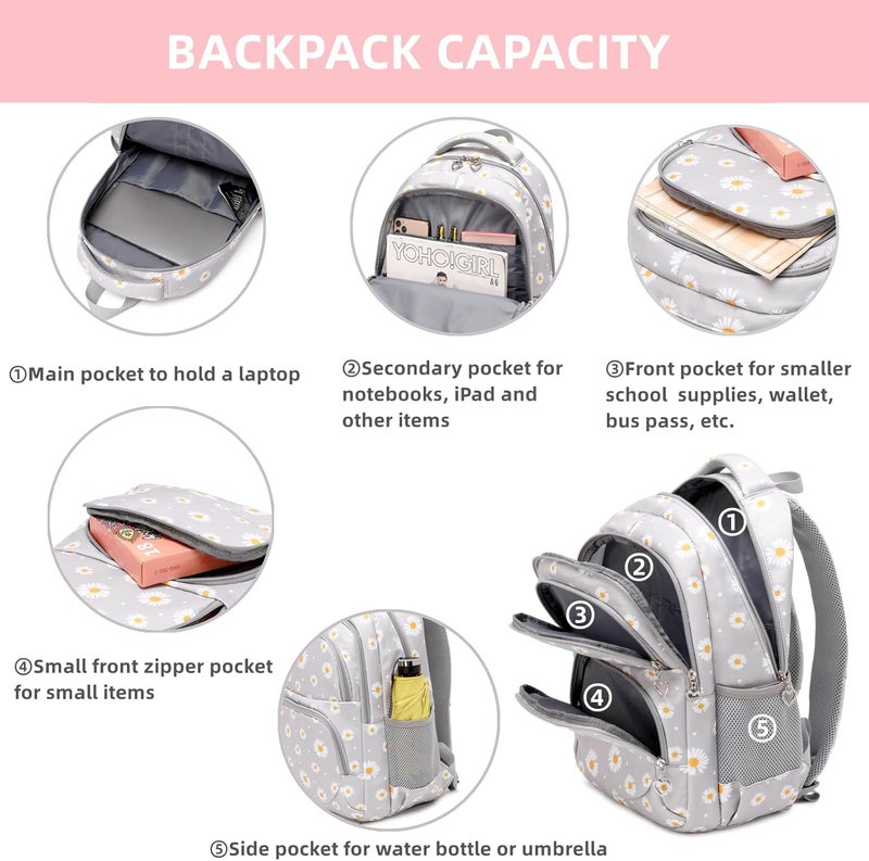 Armbq 3Pcs Daisy Printed Kids Backpack Set with Lunch Bag and Pencil Case - Black - Image 4