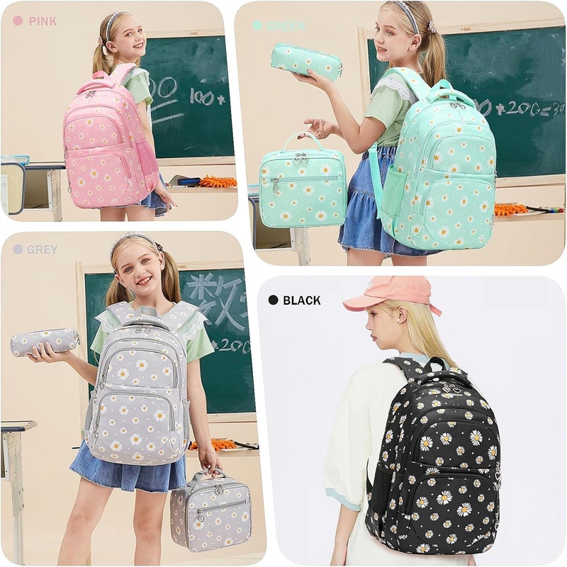 Armbq 3Pcs Daisy Printed Kids Backpack Set with Lunch Bag and Pencil Case - Black - Image 2