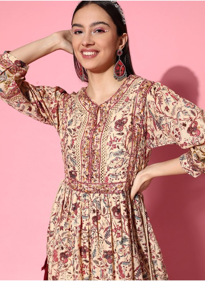 ISHIN Women's Beige 100% Cotton Self Design A-Line Dress  - Image 5