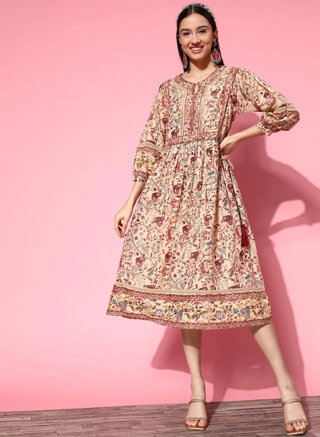 آي شين Women's Beige 100% Cotton Self Design A-Line Dress