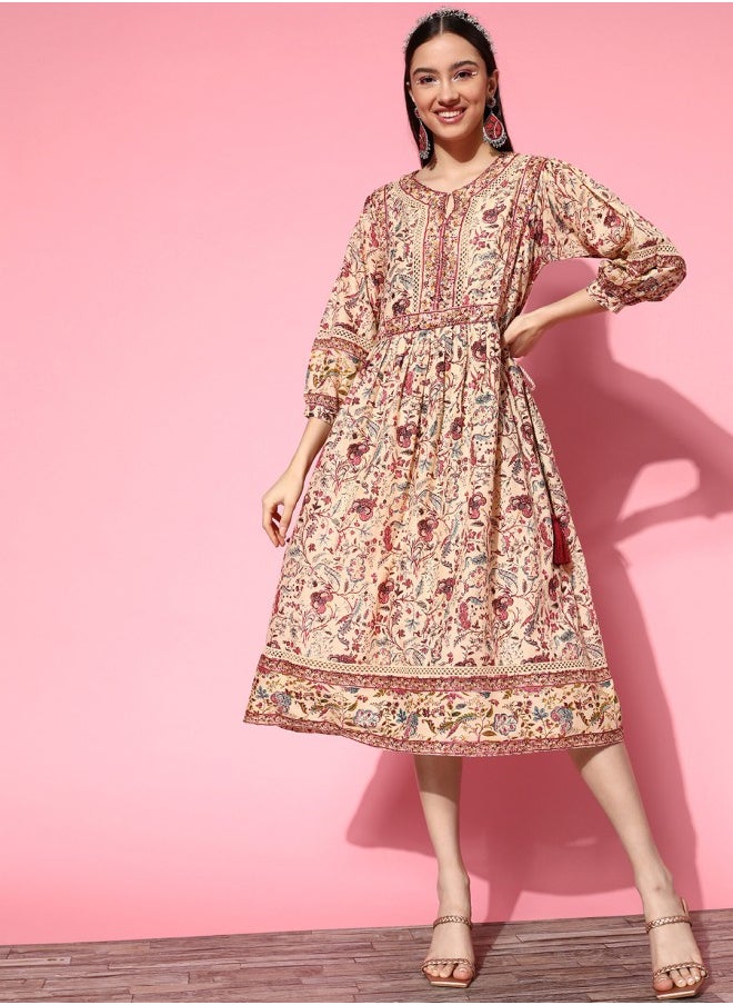 ISHIN Women's Beige 100% Cotton Self Design A-Line Dress  - Image 2