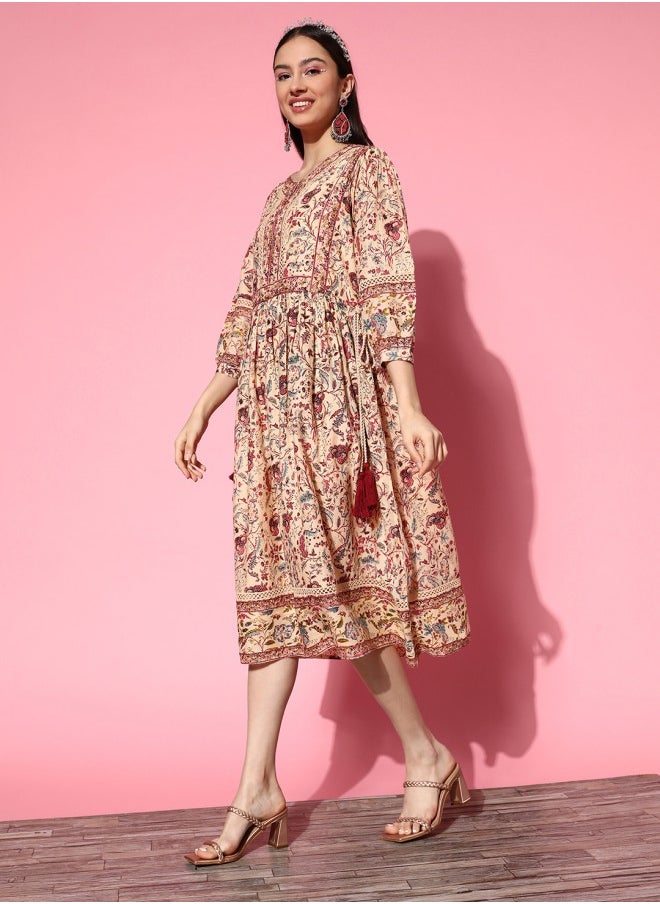 ISHIN Women's Beige 100% Cotton Self Design A-Line Dress  - Image 3