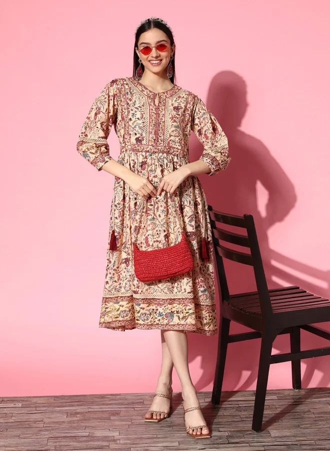 آي شين Women's Beige 100% Cotton Self Design A-Line Dress