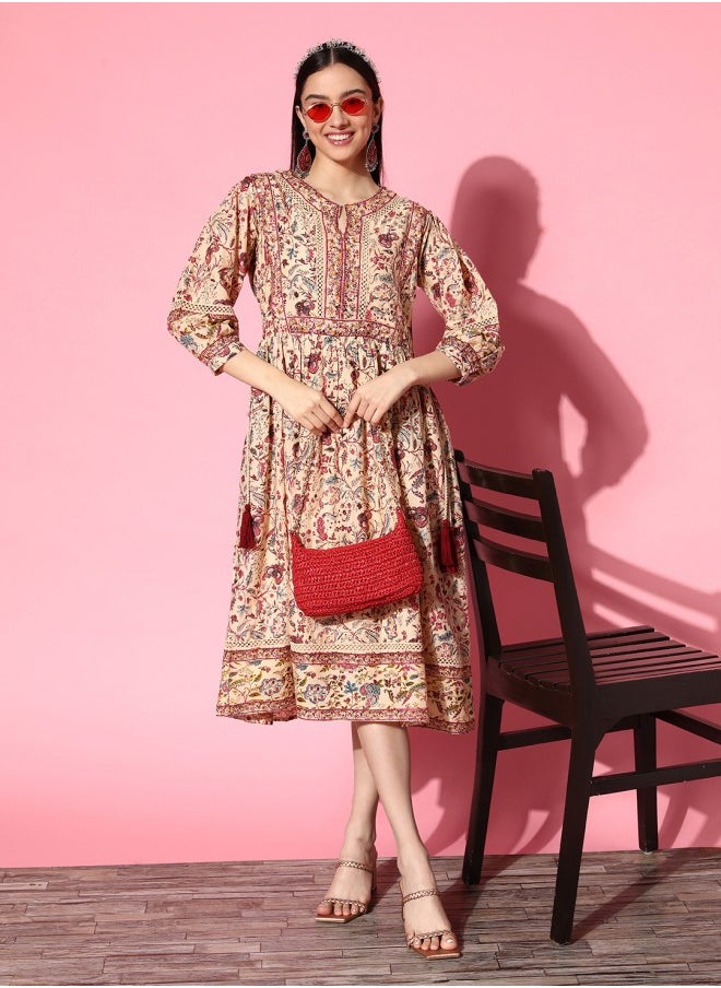 ISHIN Women's Beige 100% Cotton Self Design A-Line Dress  - Image 1