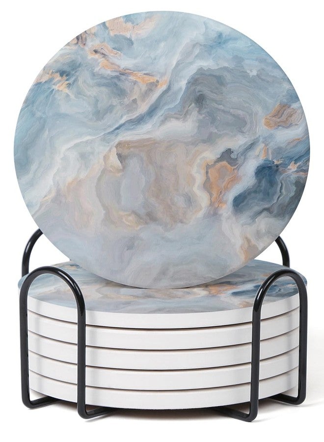 Hoomey Set of 6 Abstract Blue Marble Coasters with Holder, Absorbent Ceramic Coasters for Drinks, Coasters with Cork Backing for Table Protection, Housewarming Gifts for New Home - Image 1